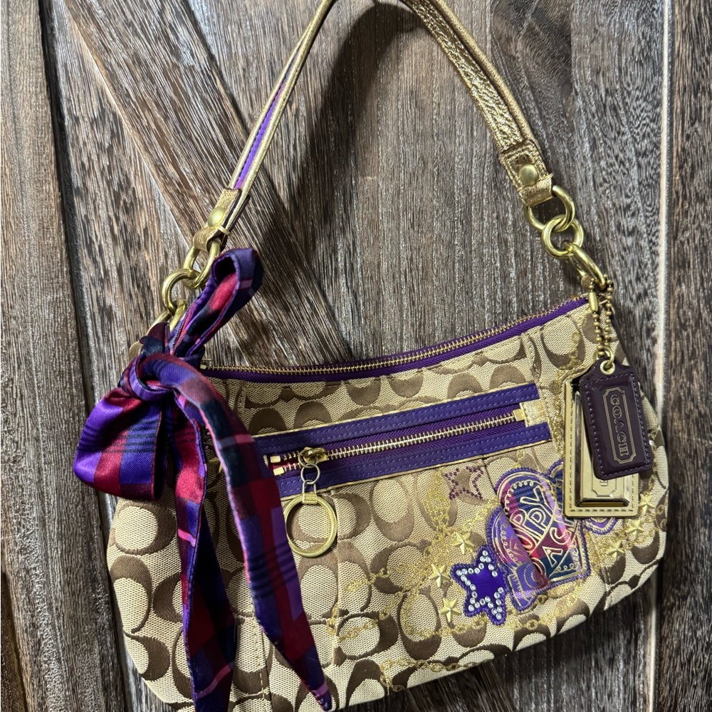 Coach Poppy Brown and Gold Shoulder Bag with Purple Accents